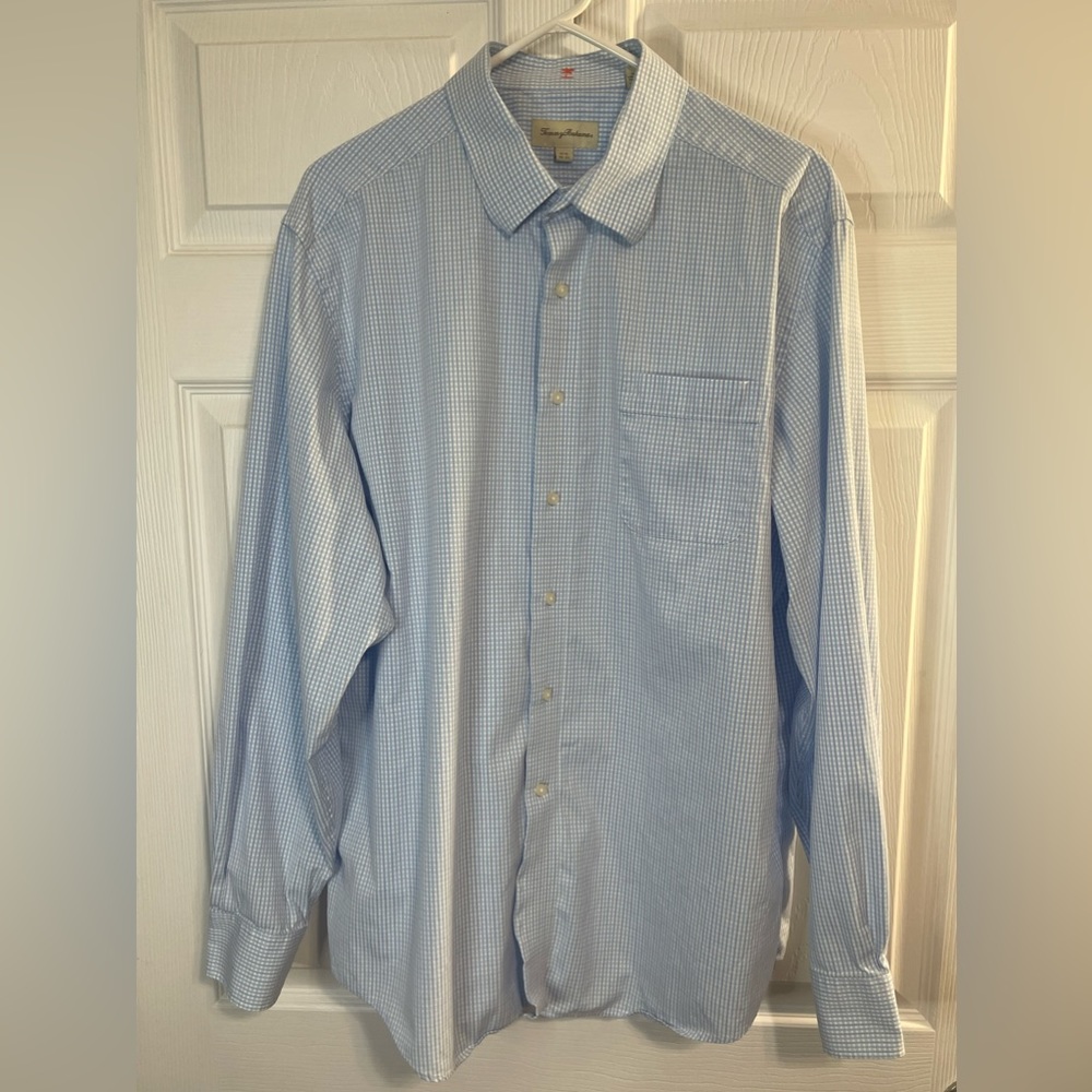 Tommy Bahama Mens Cotton Button Up Shirt Size 17 1/2 36/37 Lt Blue Plaid